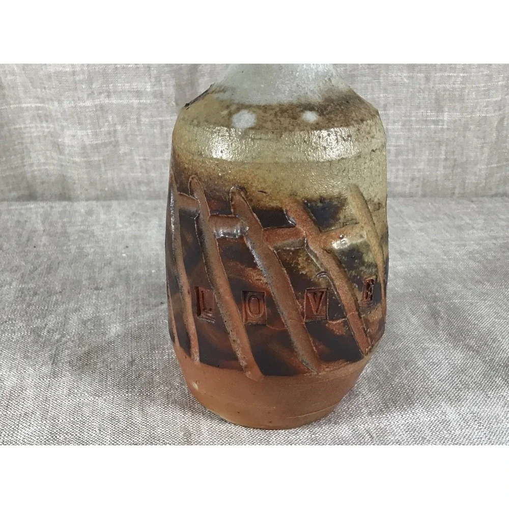 Studio Pottery Vase Good Vintage Love Inscribed Rustic Brown Cream Stoneware 7